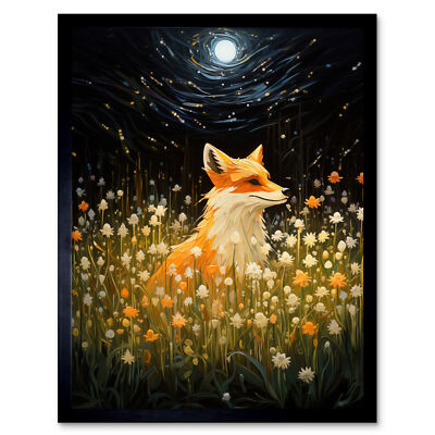Watching the Fireflies Dance Happy Fox Wildflower Meadow Framed Art Print 9X7''