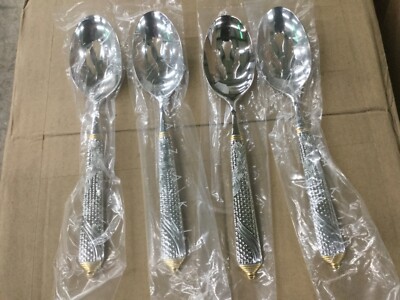 (4) Yamazaki BYZANTINE STAINLESS (GOLD ACCENT) Pierced Table spoon $145 retail 