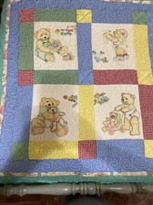 Vintage Teddy Bear Sleeping Baby Quilted Blanket Comforter Gingham 33"x30" READ