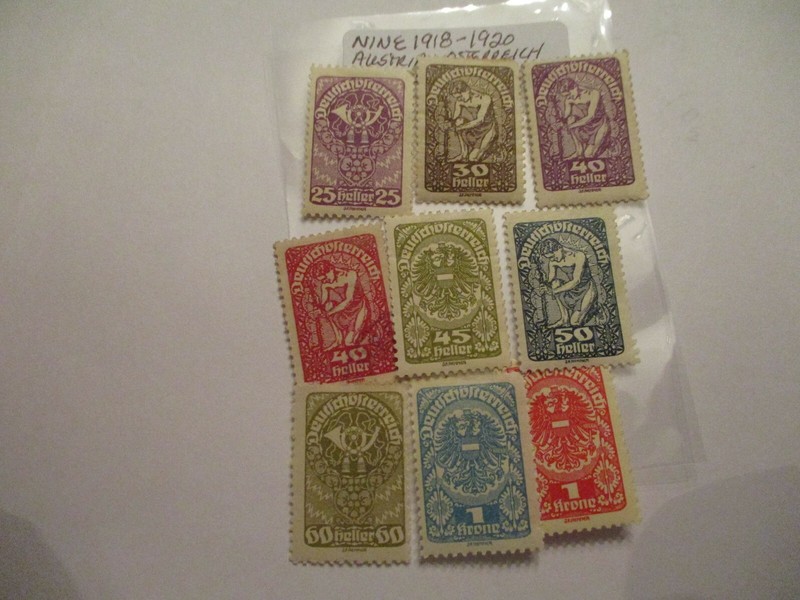 Nine 1918-1920  Austria - Osterreich - 25,30,40,40,45,50,60,1,1 Denomination