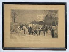 19th Century Auguste Lancon Etching Removal of Ice Bois de Boulogne Paris France