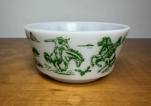 Vintage Hazel Atlas Milkglass Cowboy Bowl Green Bucking Bronco 50's