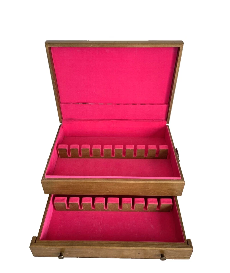 Cofre de almacenamiento de cubiertos de madera vintage de 2 niveles con cajón 12+ ajustes Foto 2 de 4