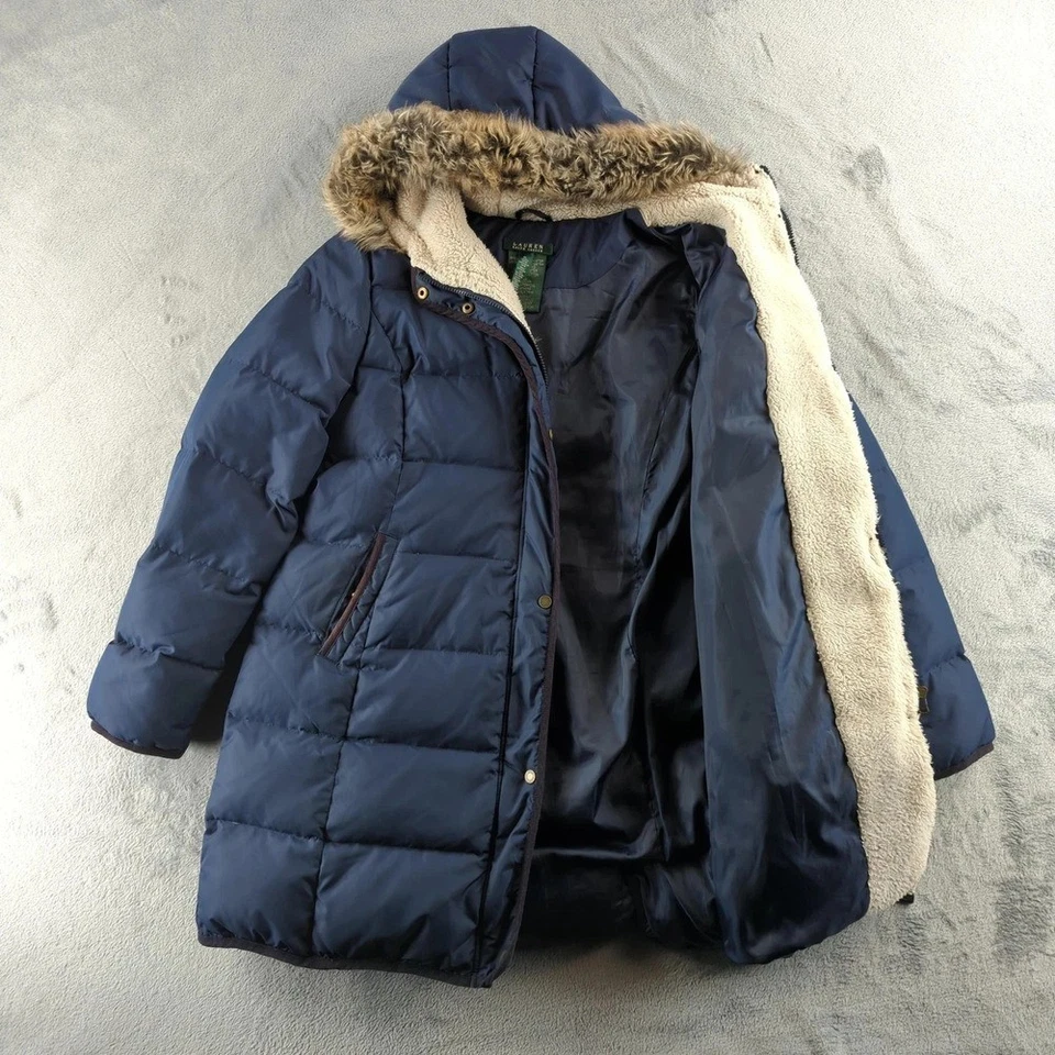 Abrigo Parka de Plumón Lauren Ralph Lauren para Mujer XL Azul Marino Con Capucha Piel Sintética Cremallera Puffer Foto 2 de 4