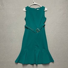 Calvin Klein Dress Womens 4 Green Fit Flare Belted Sleeveless Sheath Career Work