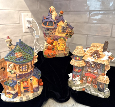 Spooky Hollow Vintage Light Up Porcelain Lot (3) Halloween Blood Bank Theater