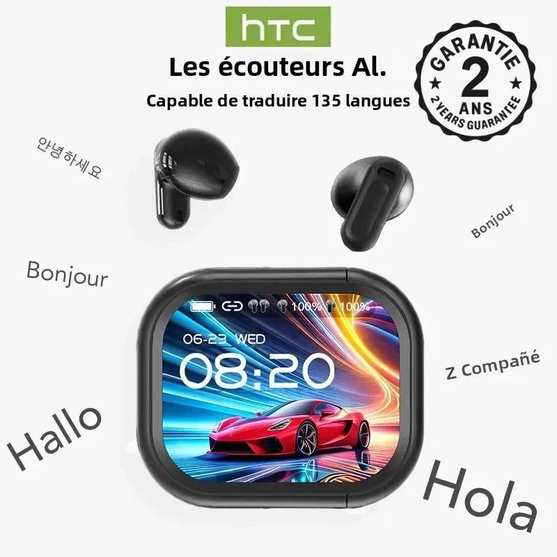 Écouteurs IA traducteur Bluetooth 6.0 à écran LCD noir
