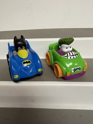 Lot of 2 Fisher Price Little People DC Comics Batman & Joker Wheelies Race Cars