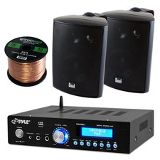 Pyle USB 200W AUX Bluetooth Mini Amplifier , Dual 4" Black Outdoor Speaker Set