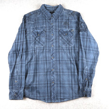 Affliction Black Premium Mens Blue Plaid Button Up Shirt Long Sleeve Size 2XL