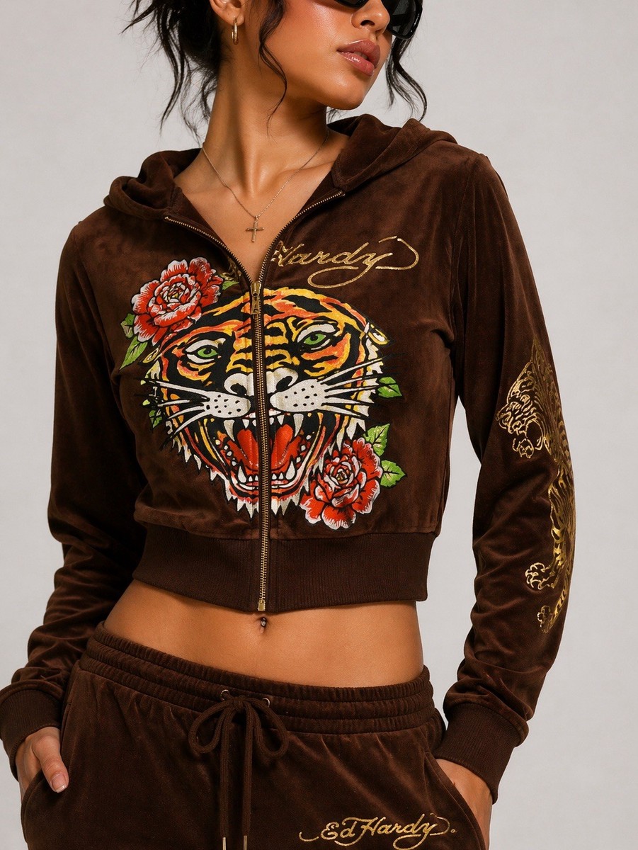 Ed Hardy Vintage Brown Velour Cropped Hoodie Tiger Graphic Y2K