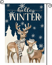 Hello Winter Reindeer Snowflake Garden Flag 12X18 Inch Double Sided Outside, Win