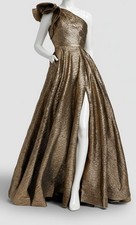 Mac Duggal Women's Gold Crinkle Metallic Ruffled One-Shoulder Dress Size 10