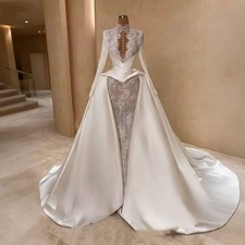 Wedding Dresses High Neck Long Sleeve Beaded With Detachable Tail Bridal Gowns