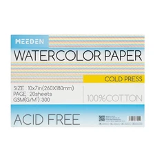 MEEDEN Watercolor Paper Block, 100 Cotton Watercolor Paper Pad of 20 Sheets,