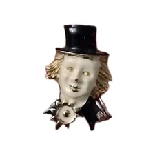 Vintage Red Nose Clown Brooch Pendant Gold Tone Ivory Enamel