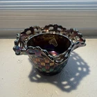 Vintage Fenton Amethyst Carnival Glass Bowl W/Ruffled Edge Basket Weave