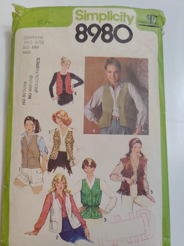 Vest Western Rodeo Dressy 6 8 Simplicity 8980 Sewing Pattern Cut VTG 70's Safari - Picture 1 of 9