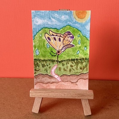 ACEO Original Art Bugs Butterfly & Worm Watercolor Painting by Emerson Meyer Art