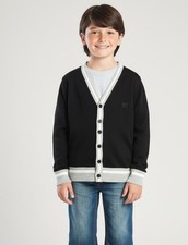 BONPOINT Boys 8 Black Cardigan Sweater Stripe Placket Wool Knit Long Sleeves