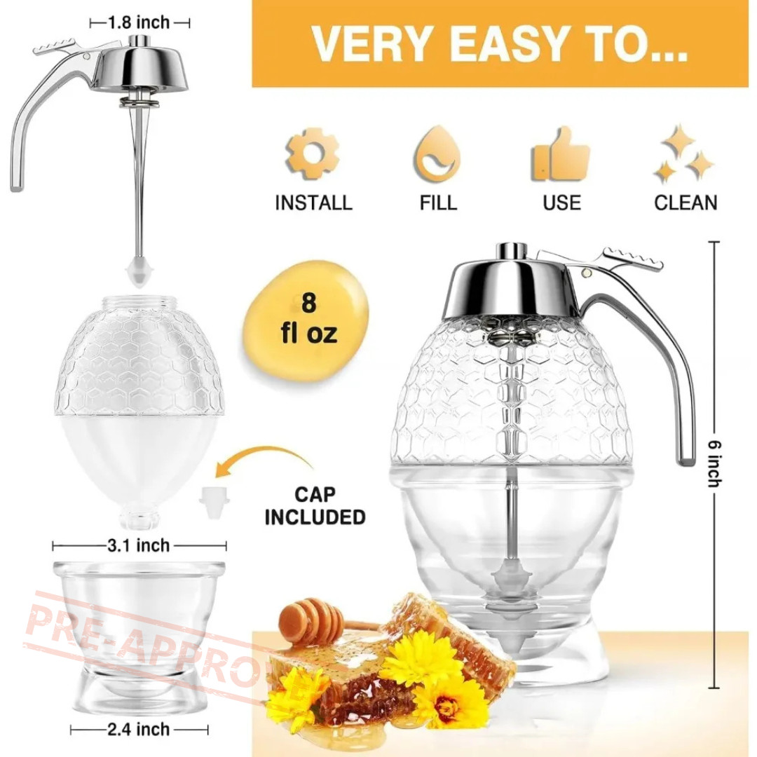Drip Free Honey Dispenser Glass Syrup Pourer Honey Jar with Stand 8oz