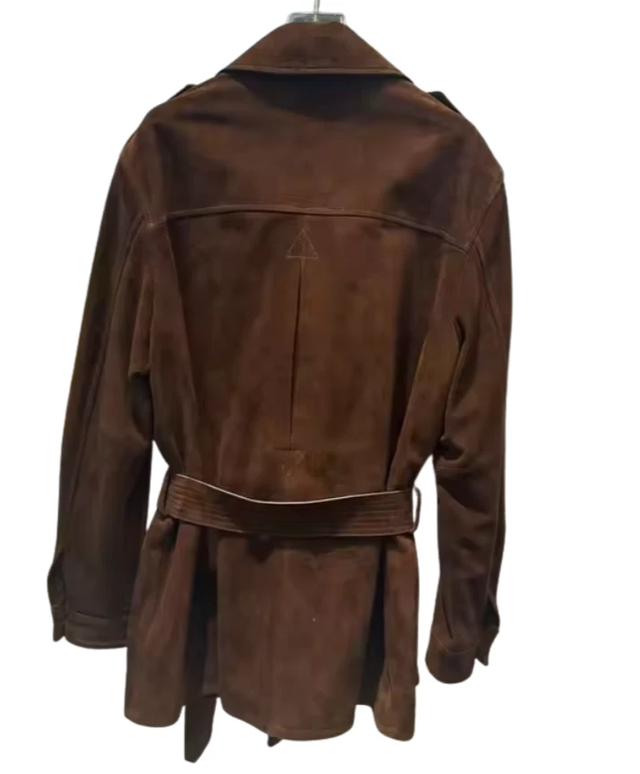 Женская коричневая куртка-сафари 100% натуральная замша кожа универсальное полевое подпоясанное пальто - Изображение 3 из 4