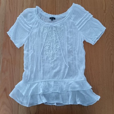 NOTATIONS Women's Size L White Peasant Top Lace Pleats Bow Ruffles Short Sleeves