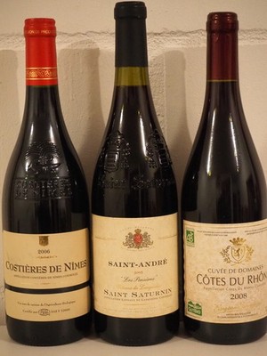 3 Fl. französicher Topp-Weine, C.d. Nimes, C.d. Languedoc, C.d. Rhone, 2 x Bio
