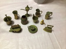 Set 10 Vintage Brass Metal Dollhouse Miniature Irons, Candle Holder And More
