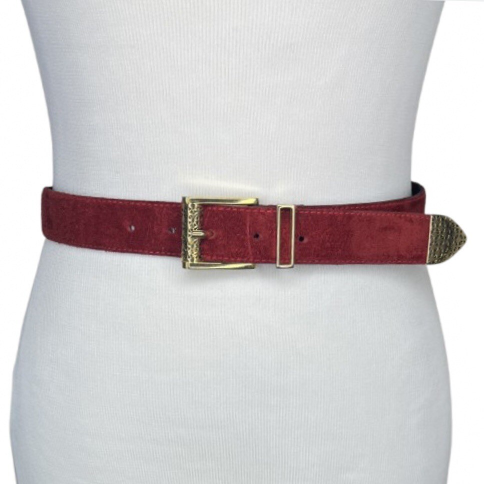 Vtg The Limited Suede Leather Belt Red M 26-30” Gold Buckle  display picture 1