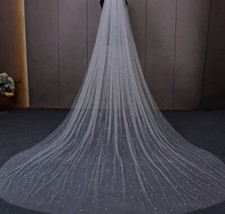 New White Cathedral Veil on comb, 5 ft Long Beautiful Scattered Pearls Wedding