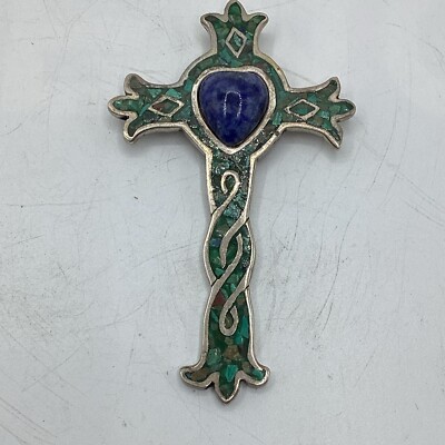 Vintage Lapis Lazuli Heart With Malachite Mosaic Cross On .925 Sterling Silver 