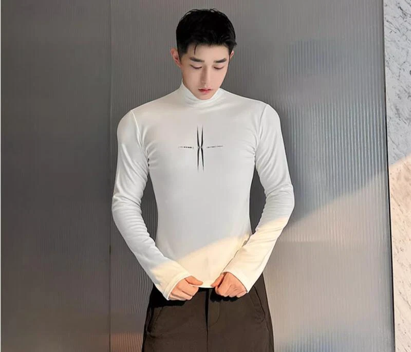 Men's Fashion Autumn Turtle Neck Long Sleeve Slim Printed T-shirt Youth Pullove - Image 4 of 4