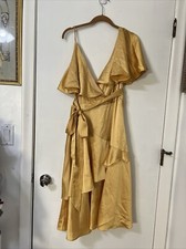 Lost Ink Ruffled  Silky Evening Tea Dress Sz US M Gold Yellow Long V Neck Lined