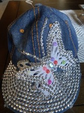 NEW WOMEN'S BLUE JEAN RHINESTONES BASEBALL HAT CAP BUTTERFLY BLING STUDS Distres