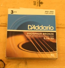 D'Addario EJ16-3D Phosphor Bronze Acoustic Guitar Strings Light Gauze 3 Sets