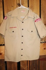 Boy Scouts of America BSA Youth Shirt Medium Tan Vintage Sewn on patches