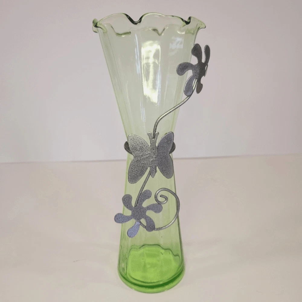 Vintage Green Stretch Glass Ruffled Rim Metal Floral Embellished Bud Vase