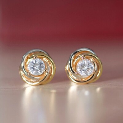 Round Moissanite 3 Tones Swirl Stud Earrings 14k Gold Finish Women's Earrings