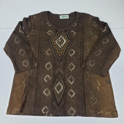 Cactus Bay Apparel T-Shirt Women's Medium Brown Embellished Geometric Knit Top