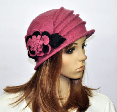 Pink Wool Acrylic Cute Flowers Winter Brim Hat Cap Beanie Women's - Main Image