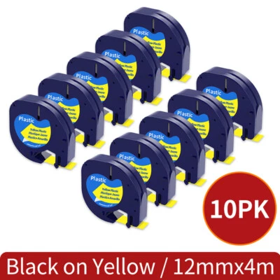 LABLEKINGDOM 10X Plastic Tape 91202 for DYMO LetraTag LT-100T 100H Label Maker Black Yellow