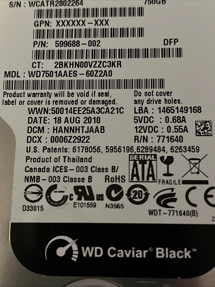 Western Digital 750GB 3.5 SATA HDD Black Caviar WD7501AAES 60z2a0 Hard Drive - Image 4 of 4