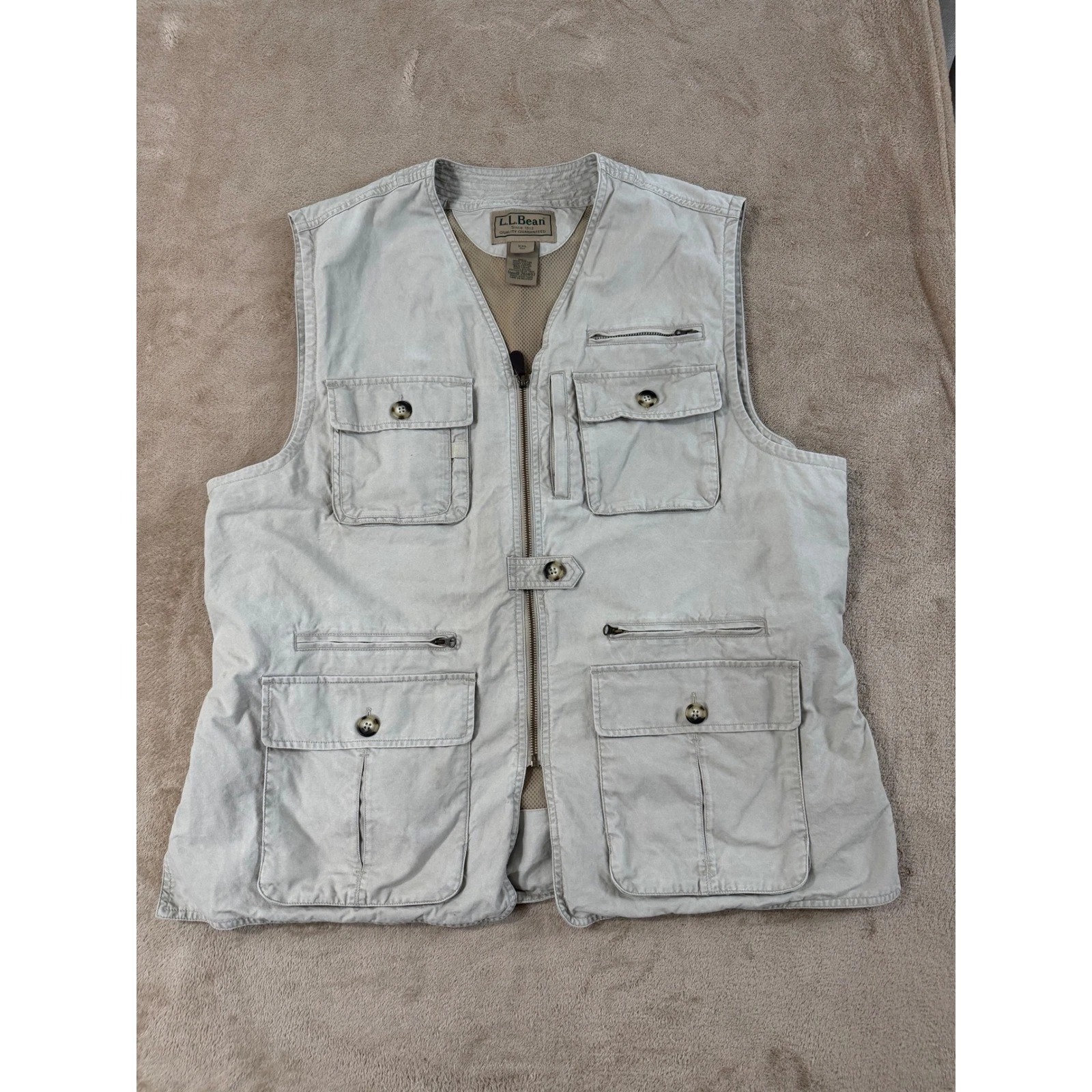 LL Bean Utility Fishing Vest Mens 2XL Khaki Cotton Mesh Lined Multi Pockets