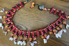 Chunky Vintage Simulated Coral Belt w/ Glass Tribal Beads  Shells Middle East 