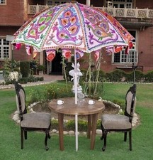 Indian Handmade Garden Umbrella Sun Parasol Cotton 72" Embroidery PEACOCK Art