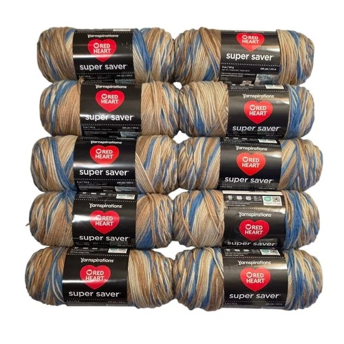 10 packs Red Heart Super Saver Yarn Mirage Variegated Blue Tan 5oz 236yd Skeins - product listing photo