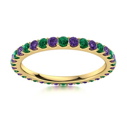 925 Sterling Silver Gold Plated Full Eternity 2MM Round Amethyst & Emerald Ring