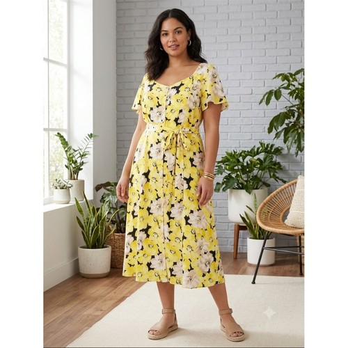 Talbots, Talbots Yellow and Black Button Down Floral Midi Dress Size 20W