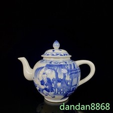 7"China Qing Dynasty Kangxi Blue White Porcelain Characters Portrait Teapot pot